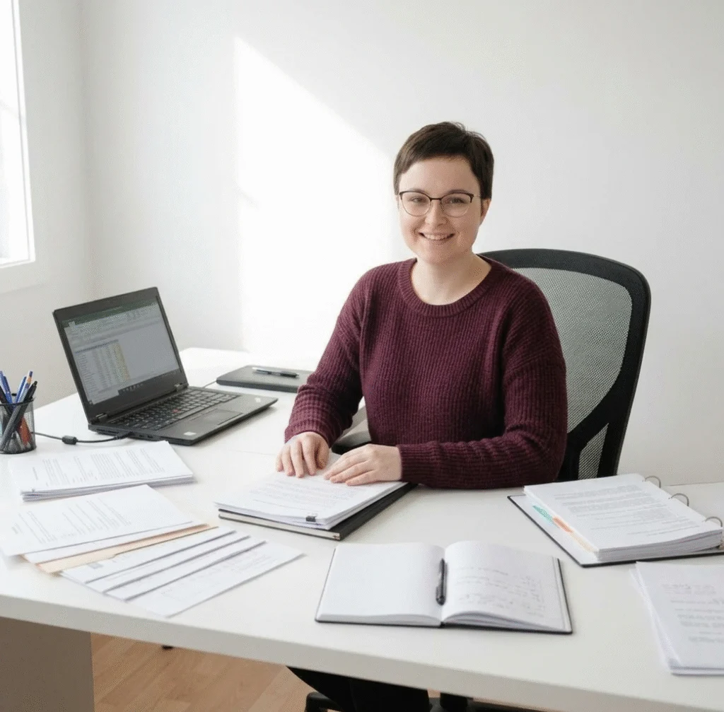 Magdalena Buraczyńska, właścicielka BiuroDal.pl, siedzi przy biurku z laptopem i dokumentami.